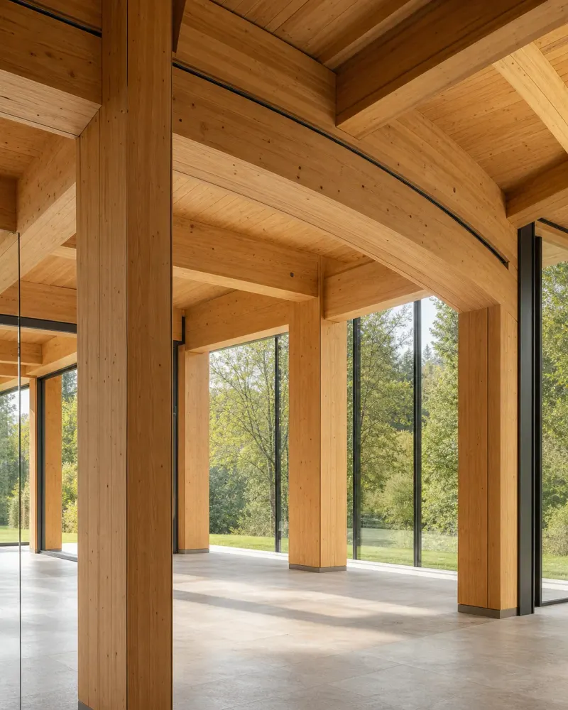 Exposed glue laminated timber beams and columns in a daylit architectural space